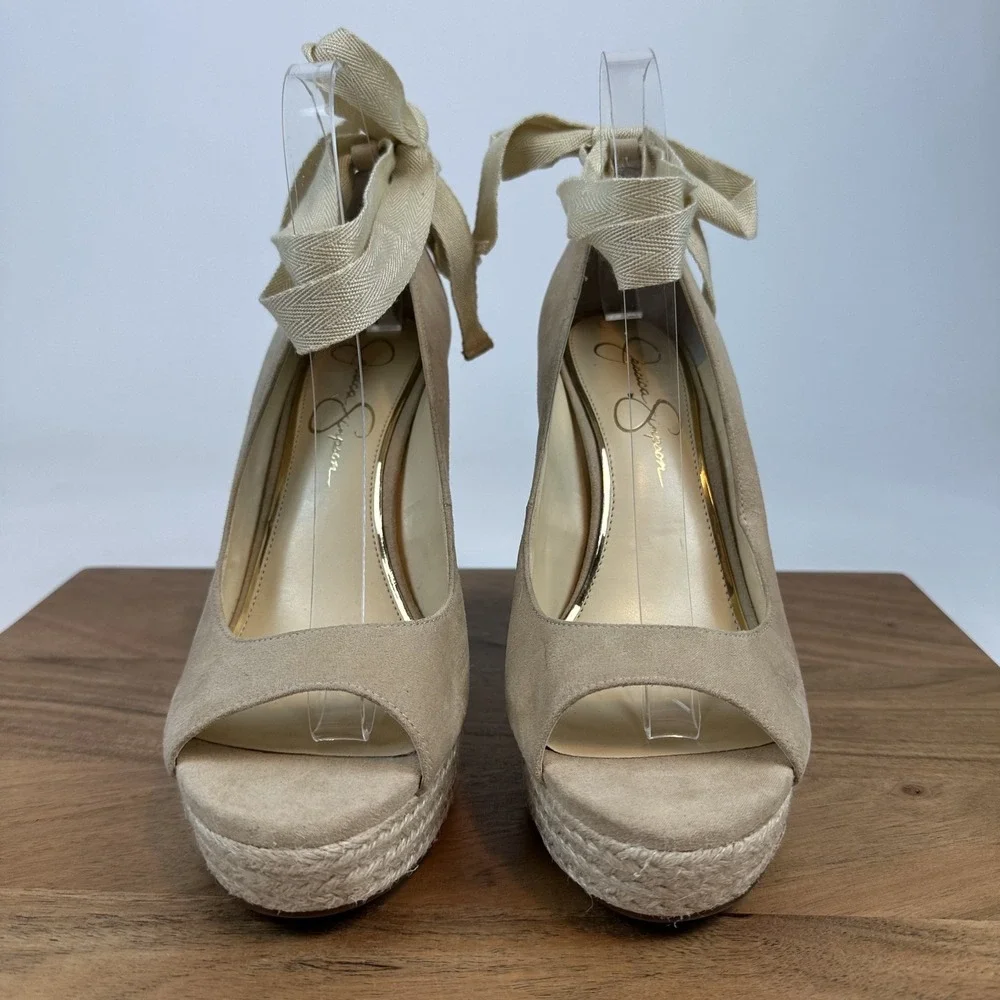 New Womens Jessica Simpson Zavida Beige Ankle Tie Platform Wedges Size 9.5 M‎